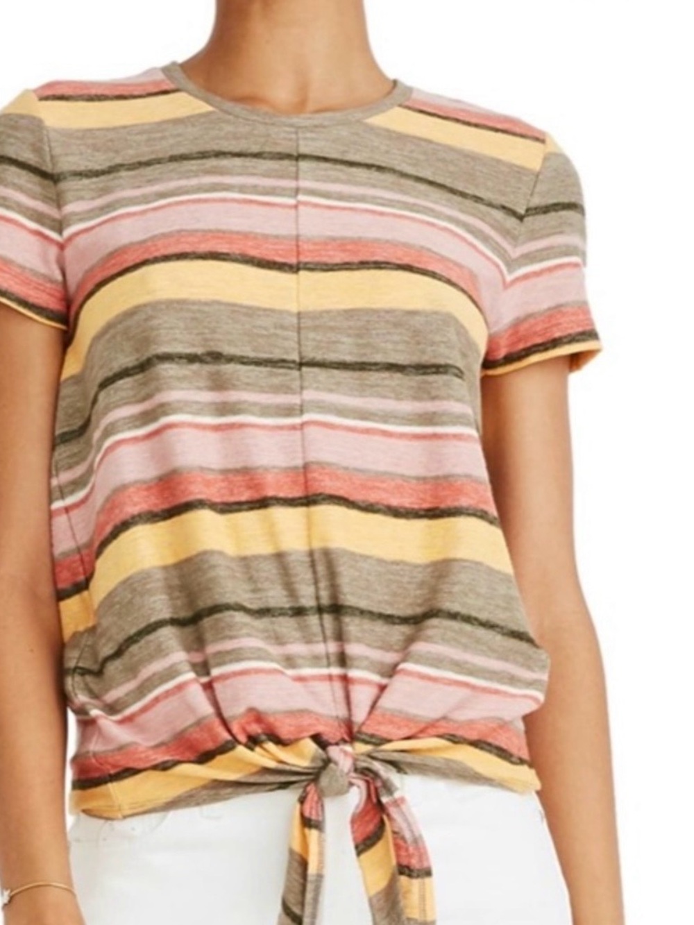 Madewell Texture & Thread Neutral Stripe Tie Waist Tee Large Cotton Blend